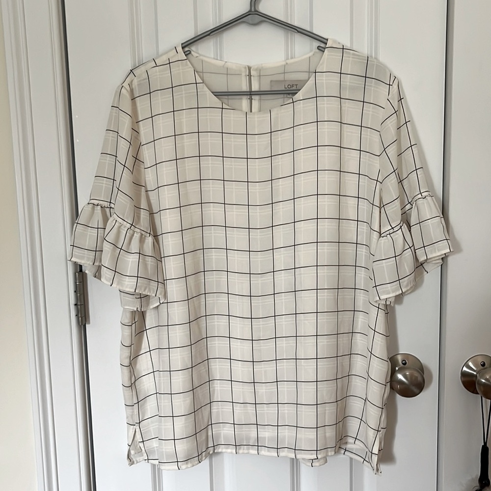 Loft Windowpane Grid Black and White Ruffle Sleeve Blouse